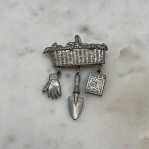 VINTAGE Gardener Theme Brooch Dangle Seeds Gloves Tool Basket Flowers 2.25"